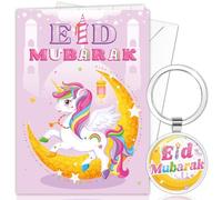 DPKOW Unicorn Eid Mubarak Card with Envelope, Eid Gift for Kids, Unicorn Eid Mubarak Keyring