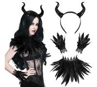 DPKOW Woman Halloween Maleficent Costume Accessories, Black Demon Maleficent Horns Headband Feather Cape Gloves, Halloween Costumes Adult Women Cosplay Outfits Accessories Carnival Masquerade Supplies