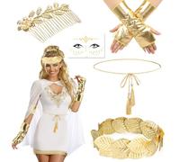 DPKOW Women's Greek Goddess Costume Accessories, Roman Leaf Laurel Crown Greek Headband Hair Comb Gold Tiara Gloves Belt Face Tattoo, Woman Girls Ancient Greek Costume Accessories for Greek Wedding