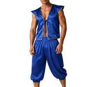 dPois Adult Men Desert Prince Outfits Fairy Tale Suits | 2 Pcs Arab Prince Costume,Open Front Vest and Capri Pants,Stage Performance Costume Set,Front Lace Up Vest Closure,Dress-up