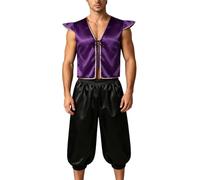 dPois Adult Men Desert Prince Outfits Fairy Tale Suits | 2 Pcs Arab Prince Costume,Open Front Vest and Capri Pants,Stage Performance Costume Set,Front Lace Up Vest Closure,Dress-up