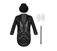 dPois Boy's Sequined Blazer Wedding Honor Costume For Ceremony And Evening With Circus Hat Magic Wand And Gloves Black 11-12 Years