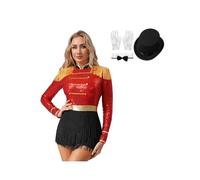 dPois Circus Ringmaster Costume Women Sequin Dance Leotard Long Sleeve Lion Tamer Outfits Halloween Red 3XL