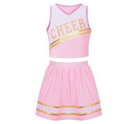 dPois Girls 2 Piece Cheer Leader Outfits Halloween Cosplay Costume Cheerleading Uniform Tank Top with Pleated Skirt Set Peach Pink 13-14 Years