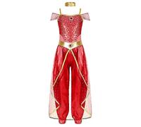 dPois Girls Arabian Princess Costume Halloween Cosplay Dress Up Sequins Belly Dance Performance Costume Red 9-10 Years