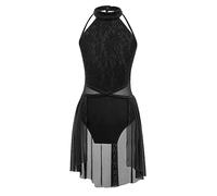 dPois Girls Ballet Lyrical Dance Dress Sleeveless Halter Neck Lace Leotard Skirted for Modern Contemporary Jazz Dance Black 11-12 Years