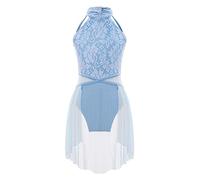 dPois Girls Ballet Lyrical Dance Dress Sleeveless Halter Neck Lace Leotard Skirted for Modern Contemporary Jazz Dance Light Blue 11-12 Years