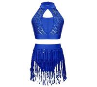 dPois Girls Dance Outfits 2 Piece Sequins Crop Top with Fringe Shorts Set Modern Jazz Latin Salsa Costume Dancewear Royal Blue 13-14 Years