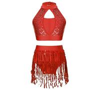 dPois Girls Dance Outfits 2 Piece Sequins Crop Top with Fringe Shorts Set Modern Jazz Latin Salsa Costume Dancewear Red 15-16 Years