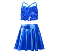 dPois Girls Jazz Dance Costume for Kids Shiny Glitter Sequins Cross Back Top with Tiered Ruffles Metallic Skirt Sets Blue 13-14 Years