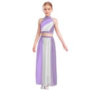 dPois Girls Sleeveless Lyrical Dance Costume Color Block Ruched Crop Top Keyhole Back Flowy Split Chiffon Skirt Lavender 9-10 Years