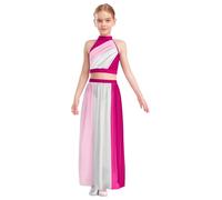 dPois Girls Sleeveless Lyrical Dance Costume Color Block Ruched Crop Top Keyhole Back Flowy Split Chiffon Skirt Hot Pink 9-10 Years