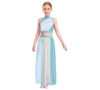 dPois Girls Sleeveless Lyrical Dance Costume Color Block Ruched Crop Top Keyhole Back Flowy Split Chiffon Skirt Light Blue 9-10 Years