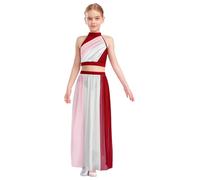 dPois Girls Sleeveless Lyrical Dance Costume Color Block Ruched Crop Top Keyhole Back Flowy Split Chiffon Skirt Burgundy 9-10 Years
