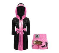 dPois Kids Boys Boxing Outfits Muay Thai Kickboxing Training Suit Hooded Boxing Robes with Boxer Shorts Set Black&Pink 9-10 Years