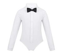 dPois Kids Boys Dance Shirt Long Sleeves Lapel Bowtie Romper Leotard Ballroom Modern Salsa Samba Smooth Latin Top Dancewear White 6 Years