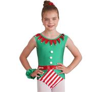 dPois Kids Christmas Dance Costume Girls Elf Leotard Gymnastics Unitard Athletic Dancewear for Figure Ice Skating Green 11-12 Years