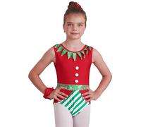 dPois Kids Christmas Dance Costume Girls Elf Leotard Gymnastics Unitard Athletic Dancewear for Figure Ice Skating Red 5-6 Years