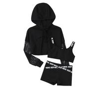 dPois Kids Girls Letter Printed Athletic Net Cover Up Jacket with Crop Top and Rave Bottoms for Yoga Sportswear Black A 13-14 Years
