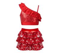 dPois Kids Girls Metallic Sequins Crop Top with Layers Skirt Set Dance Outfit 2 Piece Jazz Hip-hop Modern Costume Red 7-8 Years