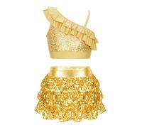 dPois Kids Girls Metallic Sequins Crop Top with Layers Skirt Set Dance Outfit 2 Piece Jazz Hip-hop Modern Costume Gold 11-12 Years