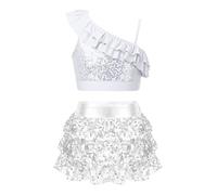dPois Kids Girls Metallic Sequins Crop Top with Layers Skirt Set Dance Outfit 2 Piece Jazz Hip-hop Modern Costume Silver 9-10 Years