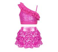 dPois Kids Girls Metallic Sequins Crop Top with Layers Skirt Set Dance Outfit 2 Piece Jazz Hip-hop Modern Costume Hot Pink 11-12 Years