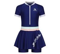 dPois Kids Girls Swimming Costume One Piece Swimsuit Skirted Swimming Leotard Short Sleeve Swimwear Blue 11-12 Years