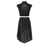 dPois Kids Girls Two Piece Lyrical Costume Sleeveless Ballet Gymnastics Crop Top with Skirt Sequin Dance Outfits A2592 Dark Black 13-14 Years
