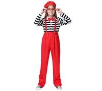 dPois Kids T-shirt Striped Performance Outfit And Beret Hat And Glasses Frame Suspenders Pants with Bow Tie Red 6-7 Years