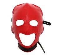 dPois Leather Full Face Mask Hood Head Cover Headgear Hat With Drawstring Adjustable Hollow Out Masquerade For Club Red with Three Holes One Size