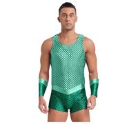 dPois Men Sea King Cosplay Outfits Sleeveless Print Leotards with Arm Sleeves for Halloween Party Mint Green S