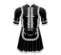 dPois Mens Faux Leather Maid Dress Costume Wet Look Sissy Outfits Crossdressing Lace Dresses Set Black L
