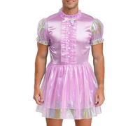dPois Mens Sissy Corssdresser Maid Cosplay Costume Short Puff Sleeve High Waist A-line Dress Purple L