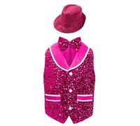 dPois Velvet Dance Vest for Girls Boys with Sequins Bowtie And Hat Sets Costume Unisex Party Costume Irregular Hem Hot Pink 13-14 Years