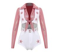 dPois Women Cowgirl Cheer Leader Costume Long Sleeve Shiny Star Printed Cheerleading Uniform Top & Shorts Set Red L