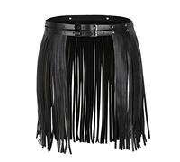 dPois Women Faux Leather Fringe Tassel Skirt Belt Waistband High Waist Micro Mini Skirt Black One Size