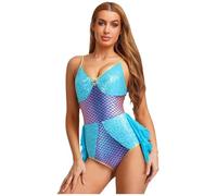 dPois Women Mermaid Outfits Fish Scale Print Bodysuit Chest Rhinestone Jumpsuit for Carnival Party Sky Blue 3XL