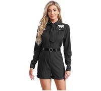 dPois Women Police Officer Uniform Zipper Bodysuit Cop Jumpsuit with Tie and Belt Set Performance Costume Black XXL