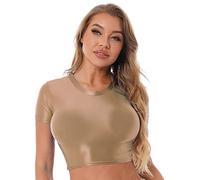 dPois Women Swimsuit Top Smooth Swim Tops Short Sleeve Crop Top Bathing Suits Coffee M