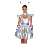 dPois Women's Alien Costume Halloween Cosplay Metallic Dress with Gloves Astronaut Space Costume 3 Pcs Outfits Silver L