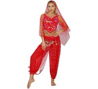 dPois Womens Belly Dance Outfits Sequins Crop Tops Bloomers Dancer Pcs Set Halloween Cosplay Costumes Type A Red One Size