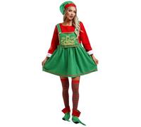 dPois Womens Christmas Elf Cosplay Costume Long Sleeve Mrs Santa Dress with Accessories Fancy Outfit Green M