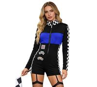 dPois Women's Speed Race Car Driver Jumpsuit Halloween Costume Graphic Checkered Print Racer Bodysuit Blue XL