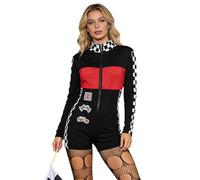 dPois Women's Speed Race Car Driver Jumpsuit Halloween Costume Graphic Checkered Print Racer Bodysuit Red XXL