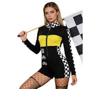 dPois Women's Speed Race Car Driver Jumpsuit Halloween Costume Graphic Checkered Print Racer Bodysuit Yellow S