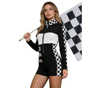 dPois Women's Speed Race Car Driver Jumpsuit Halloween Costume Graphic Checkered Print Racer Bodysuit White M