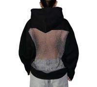 Dpptgh Backless Mesh Glitter Hoodie, Women Sexy Back Sequin See Through Fishnet Mesh Pullover Long Sleeve Trendy Top(Black,M)