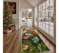 Dppyuxa Botanical Flower Non Slip Kitchen Runner RugWatercolor Daisy Washable Rugs Hall Runners for Hallways, Living Room Bedroom Corridor Carpet Nature Grass Mat 60x240cm