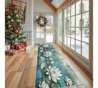 Dppyuxa Botanical Lotus Anti-Slip Hallway Runner MatRustic Wooden Machine Washable Rug Runners for Kitchen Bedroom Corridor Coastal Lily Non Slip Indoor Carpet 80x200 cm